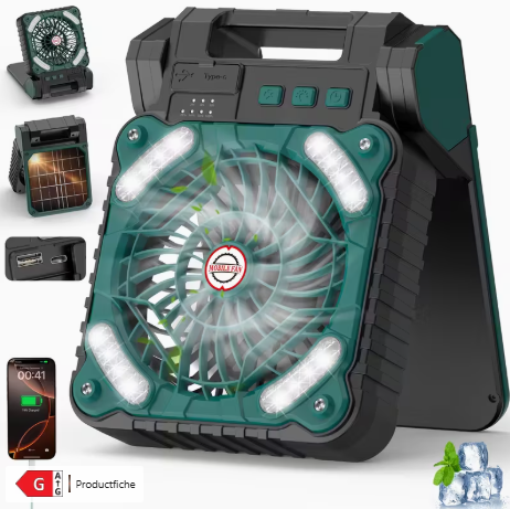 LED Solar Draagbare Buitenventilator met USB-oplaadfunctie